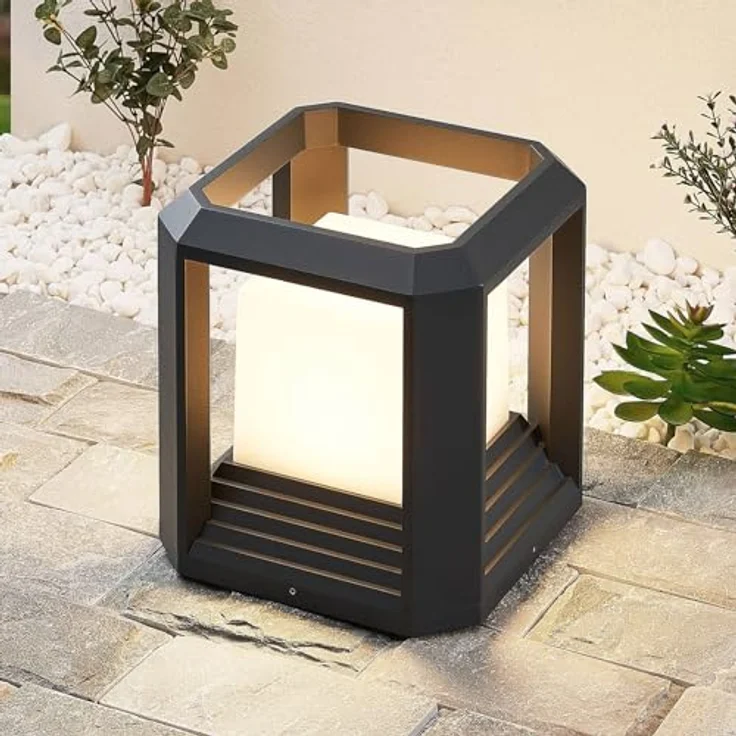 Lucande Serenella, LED Sockelleuchte in Würfelform, strahlwassergeschützt IP65, anthrazit, 16,5W, 995 Lumen, warmweiß 2700K, Höhe 27 cm – Bild 2