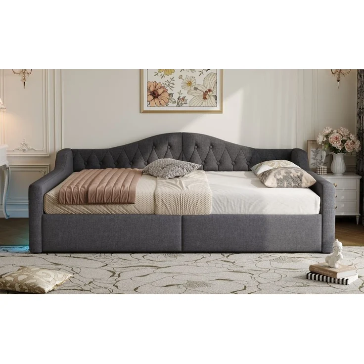 Tagesbett 140x200 cm mit LED-Beleuchtung & Stauraum, ohne Matratze, Leinen Grau – Bild 3