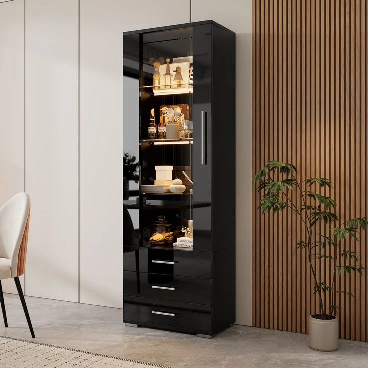 Schwarz Hochglanzvitrine, Vitrine Glasvitrine , Standvitrine mit LED-Beleuchtung, Vertikale Vitrine mit 3 Schubladen, 60*35*180cm--Schwarz--60x35x180cm--YOUDENOVA – Bild 3