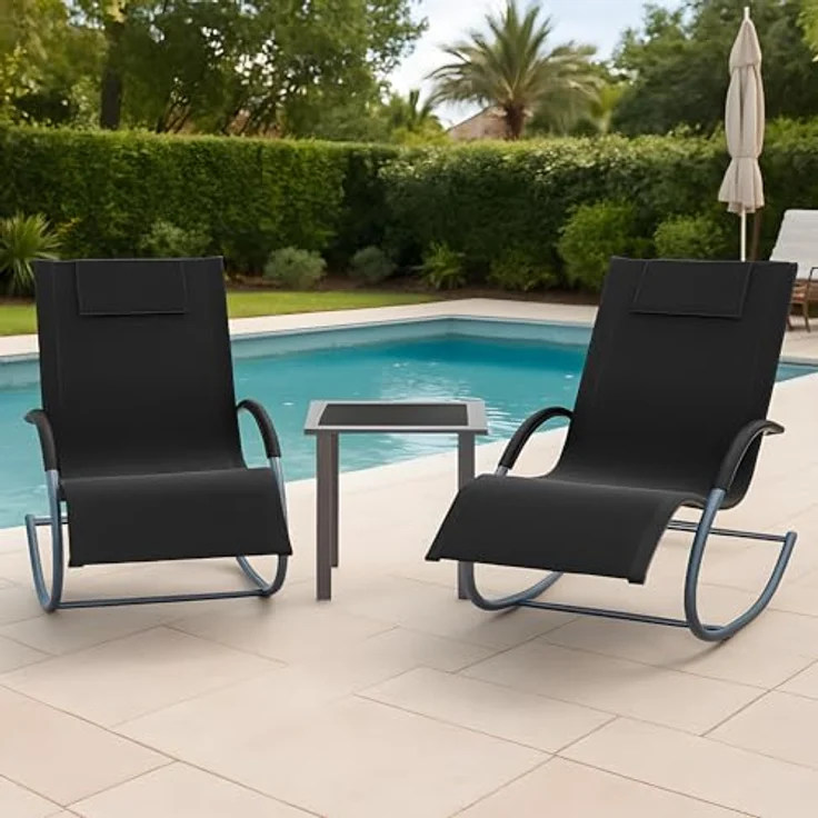 GarveeHome 3-Teiliges Outdoor-Lounge-Set Mit 2 Liegen Und 1 Couchtisch, Textilene-Schaukelstuhl Mit Gebogenem Metallrahmen, Liegestuhl Mit Kissen, Für Poolbereich, Terrasse Und Garten – Bild 3