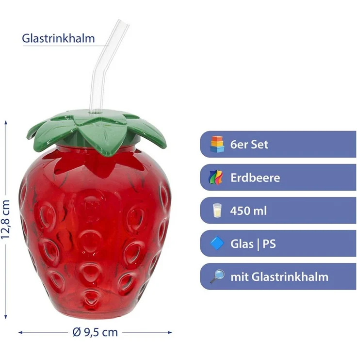 CEPEWA Deko-Glas Trinkglas Strawberry 6er Set Glastrinkhalm PS 450ml 9,5x13 cm rot grün – Bild 2