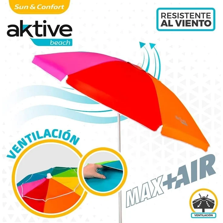 AKTIVE Strandschirm 220 cm, großer Sonnenschirm, belüftetes Dach, 28-32 mm Mast, UV 50 Schutz, mehrfarbiges Design, inkl. Aufbewahrungstasche (62222) – Bild 3