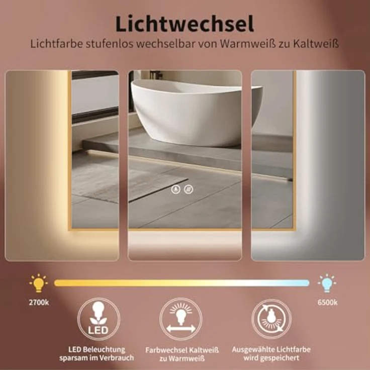 HOKO Badspiegel mit Beleuchtung und Antibeschlag, Gold/Schwarz, 50x90/60x100 cm, Touch-Sensor, wechselbare Lichtfarbe, feuchtraumgeeignet – Bild 3