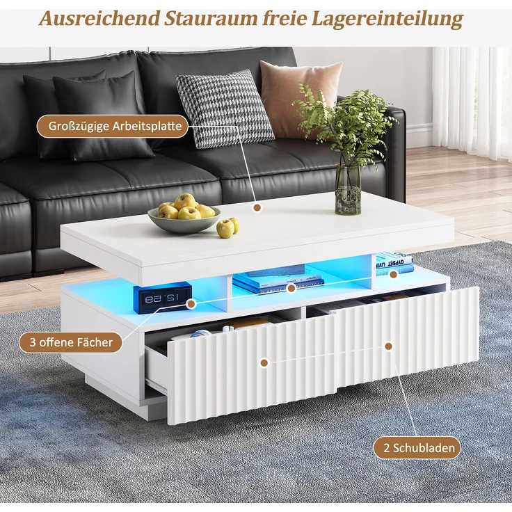 DESVIAE Couchtisch mit 2 Schubladen und LED-Beleuchtung 100x45x50 cm Spanplatte Weiß – Bild 5