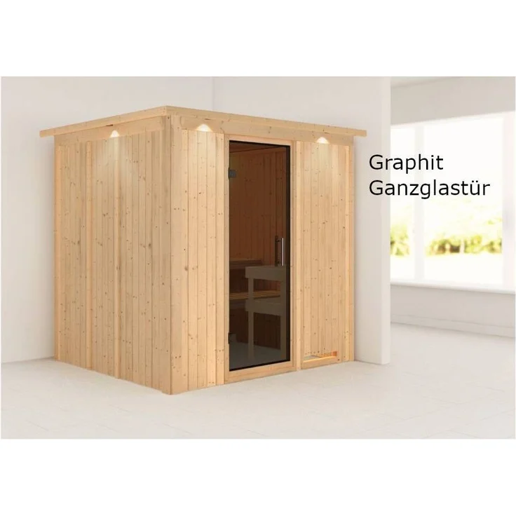 Karibu Sauna Sodin mit Dachkranz + 9kW Saunaofen mit ext. Steuerung Easy Klarglas Ganzglastür – Bild 6