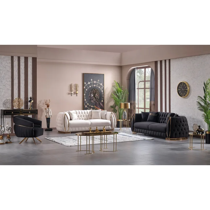 Sitzgruppe/Sofa Set - Wohnzimmergarnitur "Willa" 3+3+1-Beige/Schwarz