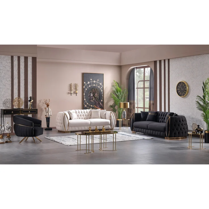 Sitzgruppe/Sofa Set - Wohnzimmergarnitur "Willa" 3+3+1-Beige/Schwarz – Bild 1