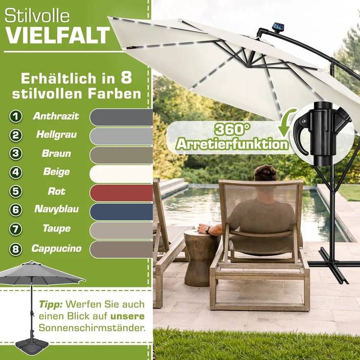 tillvex Alu Ampelschirm Beige LED Solar Ø 350 cm mit Kurbel | Sonnenschirm mit An-/Ausschalter | Gartenschirm UV-Schutz Aluminium | Kurbelschirm mit Ständer Marktschirm wasserdicht – Bild 5