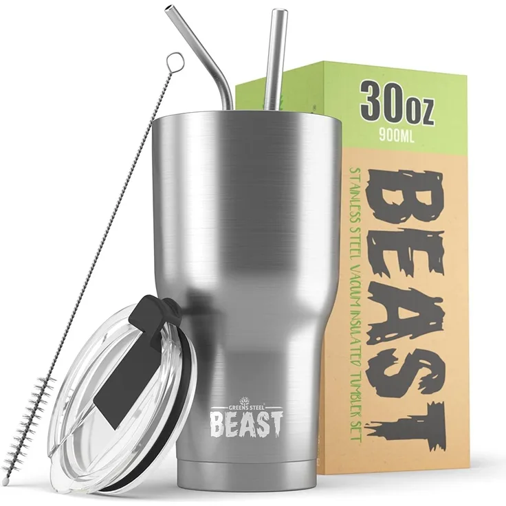 BEAST Edelstahl Becher Vakuumisolierte Tasse Kaffeebecher Doppelwandige Reiseflasche Thermobecher mit Spritzfestem Deckel, Paket mit 2 Strohhalmen, Rohrbürste & Geschenkbox von Greens Steel (30oz, Stahl)