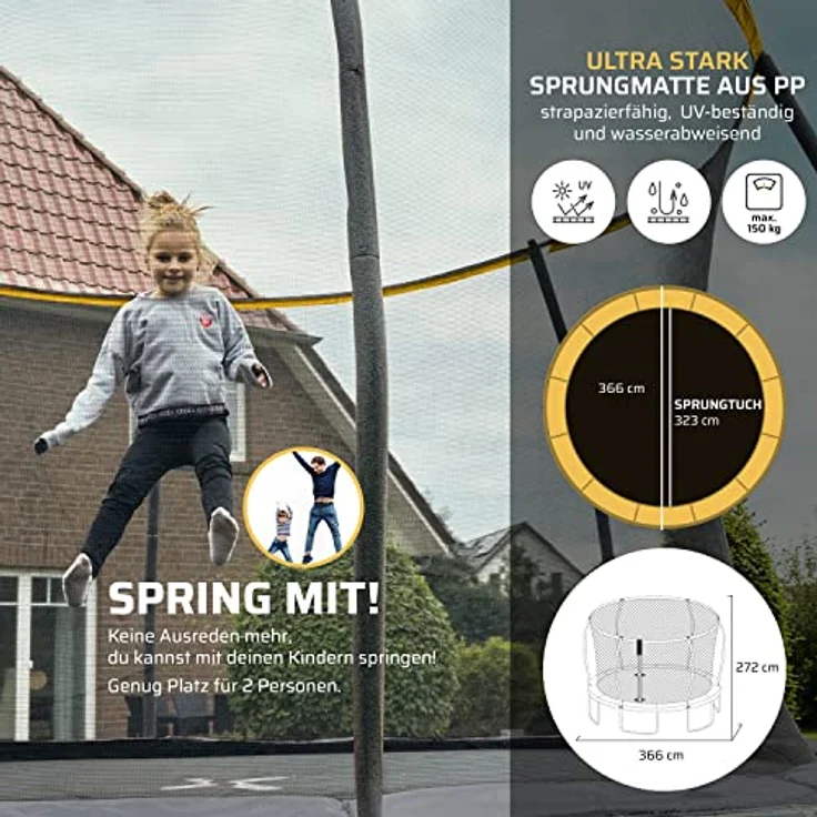SportPlus Trampolin Ø 305 cm, Garten Trampolin mit innenliegendem Sicherheitsnetz, gepolsterten Haltestangen und TÜV-geprüfter Sicherheit – Bild 6
