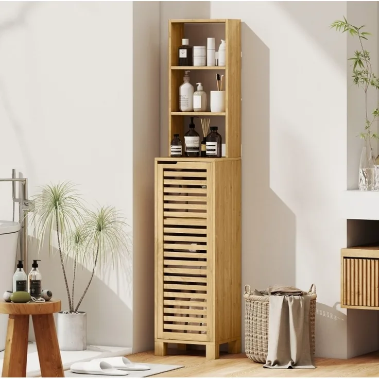 Badezimmerschrank 34 x 30 x 170 cm aus Bambus mit Lamellentür und verstellbaren Böden