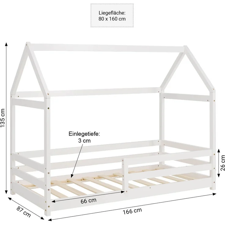 Homestyle4u Kinderbett mit Matratze und Rausfallschutz, Holzwerkstoff weiß, 80x160 cm – Bild 3