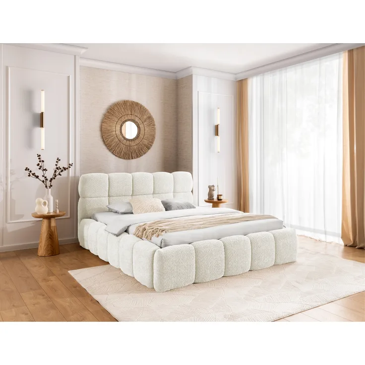 MEBLINI Polsterbett 140x200 mit Lattenrost ohne Matratze - SALERNO - Weiß Milch Boucle - Bubble Bett - Cloud Bett - Marshmallow Bed - Kopfteil Bett mit Stauraum