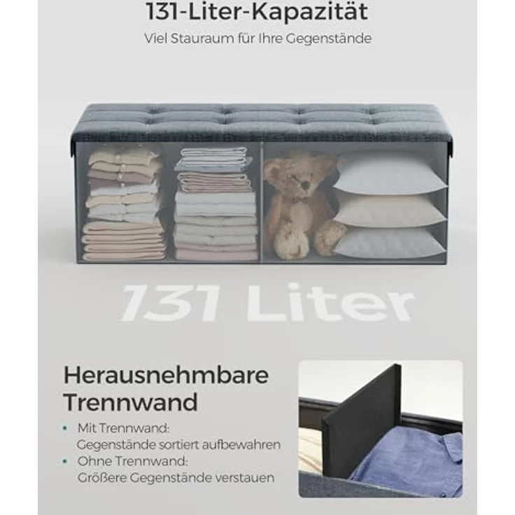 Songmics 110 cm Sitzbank mit Stauraum, klappbare Sitztruhe, Aufbewahrungsbox, Fußbank, helldenimblau LSF077Q01 – Bild 5
