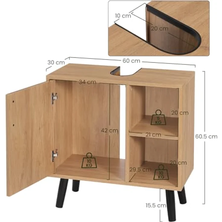 EUGAD Waschbeckenunterschrank (1-St) mit 2 offenen Ablagen, Tür, Holz – Bild 4