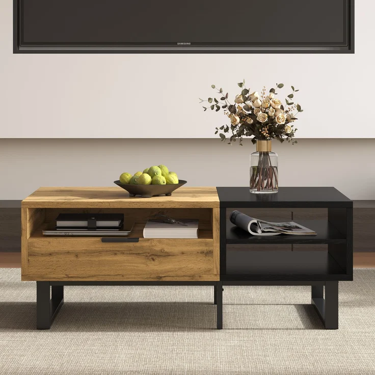 Couchtisch mit Schublade und 3 offenen Fächern, Wohnzimmertisch in Schwarz-Holz-Optik – Bild 4
