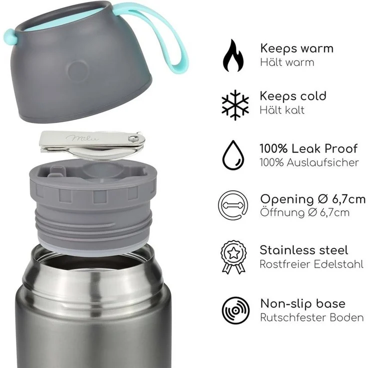 Milu Thermobehälter Essensbehälter 450ml, Warmhaltebehälter mit Löffel, Thermobecher, Edelstahl, grau – Bild 2