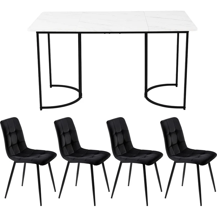 Essgruppe (5-tlg),Esstisch mit 4 Stühlen Set, Moderner Küchentisch Set , 140×80cm Küchentisch mit Schwarz Metallbeinen, MDF Tischplatte in Weißer,Schwarz Samt Esszimmerstühle--Weiß--96x69x18.5cm--YOUDENOVA – Bild 5