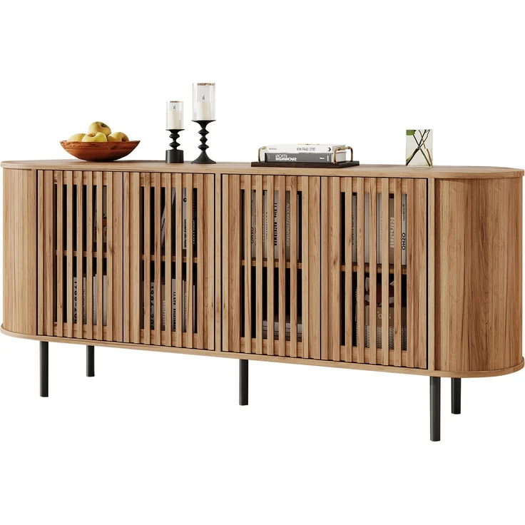 Merax 160x40x70cm Sideboard aus MDF mit 4 perforierten Schiebetüren, Kommode mit verstellbaren Einlegeböden und stabilen Metallbeinen, Wohnzimmer Buffet-Schrank, Naturholzfarbe – Bild 10