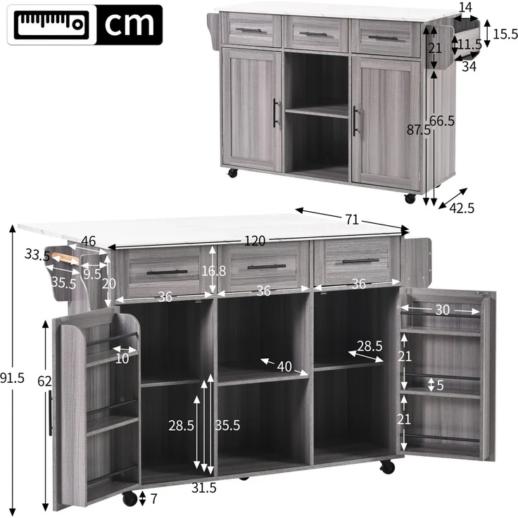 Küchenwagen 139x46(71)x91,5 cm mit klappbarer Arbeitsplatte, Schubladen und Rollen – Bild 5