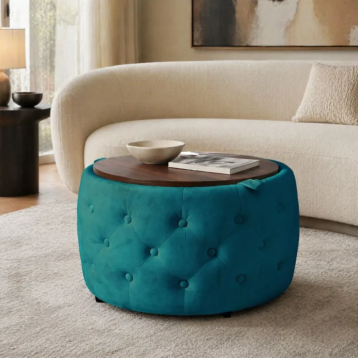 Hocker-Set 59,6x59,6x38 cm aus blauem Samt mit Stauraum und Holztablett