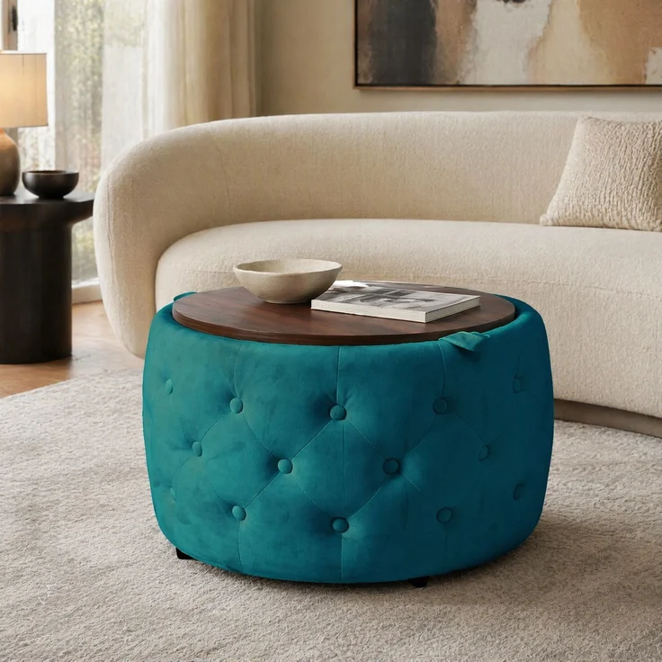Hocker-Set 59,6x59,6x38 cm aus blauem Samt mit Stauraum und Holztablett – Bild 1
