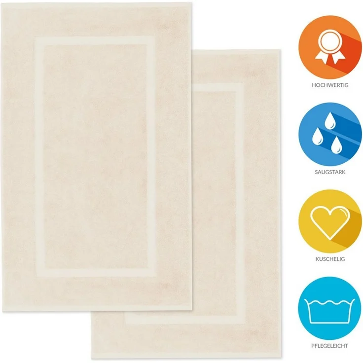 Lavea 2er Set Badematte 50x80 cm – rutschfeste, Waschbare Badematten aus 100% Baumwolle, Frottierserie Elena – Saugstark, Strapazierfähig und Zeitlos – Ideal für Badezimmer, Dusche - Creme – Bild 2