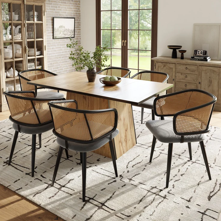 6 Esszimmerstühle mit Rattan-Rückenlehne & Samtkissen, 47x47x79 cm, Grau – Bild 1