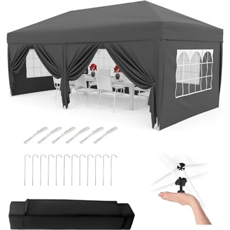 Faltpavillon 3x6 m wasserdicht stabil mit 6 Seitenwänden – Pop up Pavillon faltbar aus 420D Oxford, UV-Schutz 50+, 3-Fach höhenverstellbar, Partyzelt mit Tragetasche für Garten & Outdoor Grau – Bild 2