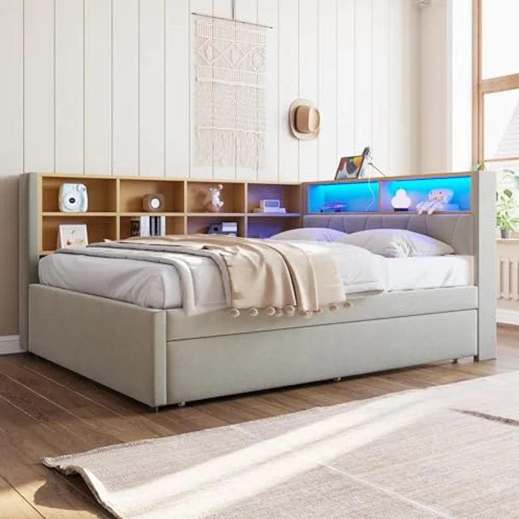 Ball & Cast Schlafsofa (140x200cm & 90 * 190cm) Tagesbett mit USB-Anschlüssen und Leuchten, Einzelbett mit Mehreren Ablagefächern, Ohne Matratze, Hellgrau – Bild 6
