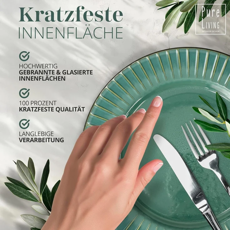 Steingut 48-teiliges Gerilltes Geschirrset – Schwarze und grüne Farben, Hochwertiges Essgeschirr für 12 Personen, Spülmaschinen- und Mikrowellengeeignet - Schüssel- und Teller Set " – Bild 3