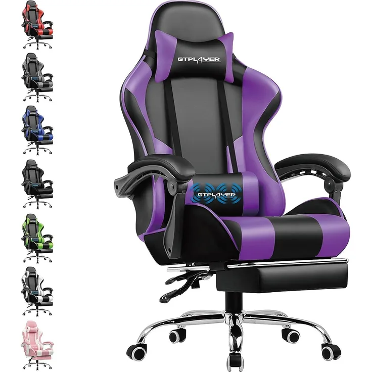 GTPLAYER Gaming Stuhl, Ergonomischer Gamer Stuhl, mit Fußstütze, Kopfstütze, Massage-Lendenkissen,  Lila