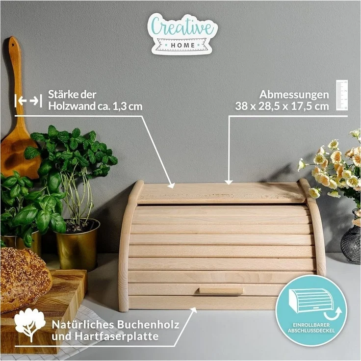 Creative Home Brotkasten Holz 38 x 28,5 x 17,5 cm Brotkiste mit Rolldeckel Brotbox – Bild 3