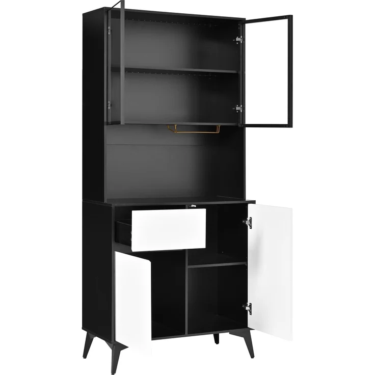 Hochschrank, Vitrine, Anrichte, Sideboard, Esszimmerschrank, Wohnzimmerschrank, Schwarz-Weiß Optik, MDF-Korpus, Glaselemente, integrierte LED-Leuchten, vielfältiger Stauraum--Schwarz, Weiß--80x40x180cm--YOUDENOVA – Bild 10