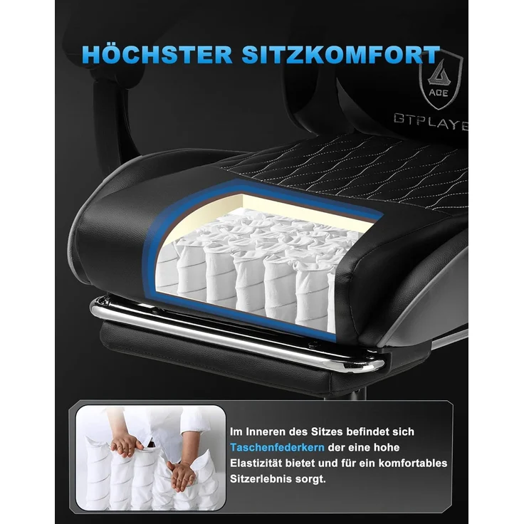 GTPLAYER Gaming Stuhl, Gamer Stuhl, Ergonomischer Bürostuhl mit mit Fußstütze verstellbare Lenden und Kopfkissen, Gaming Chair Gepolstert, Gaming Sessel 150 kg Belastbarkeit grau – Bild 5