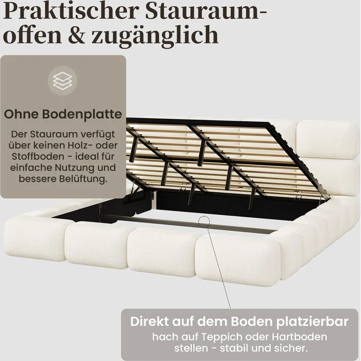 Polsterbett, Doppelbett, 200 x 200 cm, hydraulisch verstellbares Bett, Wolkenbett, Stauraumbett, Bubble-Design, mit Lattenrost, Kopfteil und großem Stauraum, gepolstertes Kopfteil, weißer Schlingenveloursstoff. – Bild 10