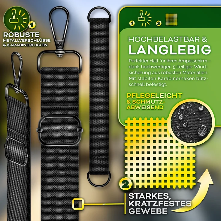 tillvex® Windsicherung für Ampelschirm bis Ø 400 cm | 5-tlg. Set mit Karabinerhaken | Sicherung für Sonnenschirm, Marktschirm & Doppelsonnenschirm | Wetterfest, winddicht, anpassbar & universal – Bild 3