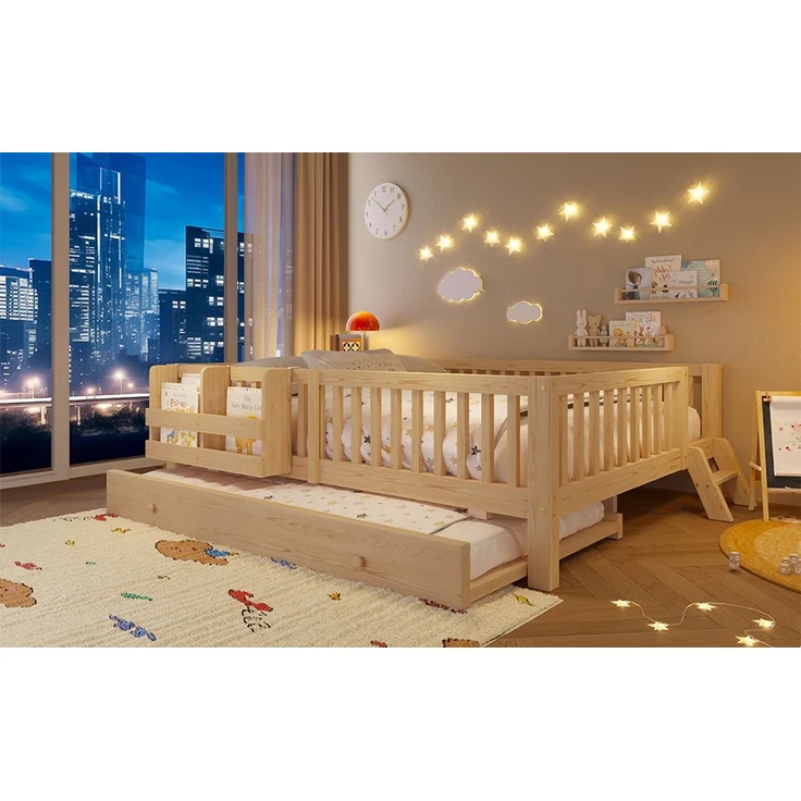 ZUBALIYA Holzbett 140 x 200 cm – Ausziehbett, flexible Montage, Geländer, MDF, Kiefer, Holzfarbe – Bild 8
