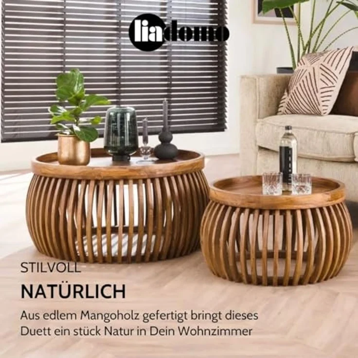 Liadomo Couchtisch Laos (2-St, 2er-Set), Mangoholz massiv, runde Platte und Form, Holzstreben – Bild 3