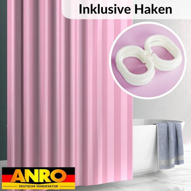 ANRO Duschvorhang aus Italien hochwertiger Badevorhang Textil mit Ösen und Haken Breite 120 cm (Packung, 1-tlg, Duschvorhang inkl. Aufhängeringe), robuster Vorhang Stangenaufhängung in Größe 200x120cm in rosa – Bild 2