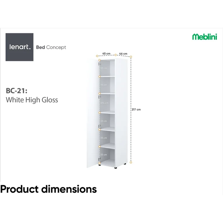 MEBLINI Schrank BC-21 für Schrankbett - Weiß Hochglanz/Weiß - 45x217x46cm - Hochschrank mit Regalen – Bild 7