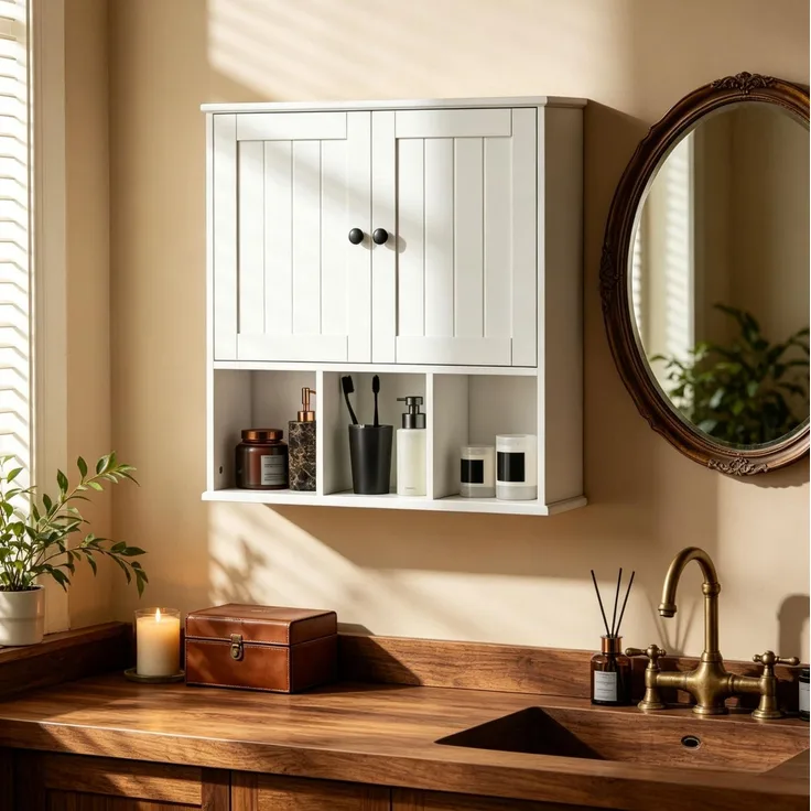 Badezimmer-Wandschrank 60 x 19,5 x 60 cm mit 2 Türen, offenen Fächern und verstellbarem Einlegeboden