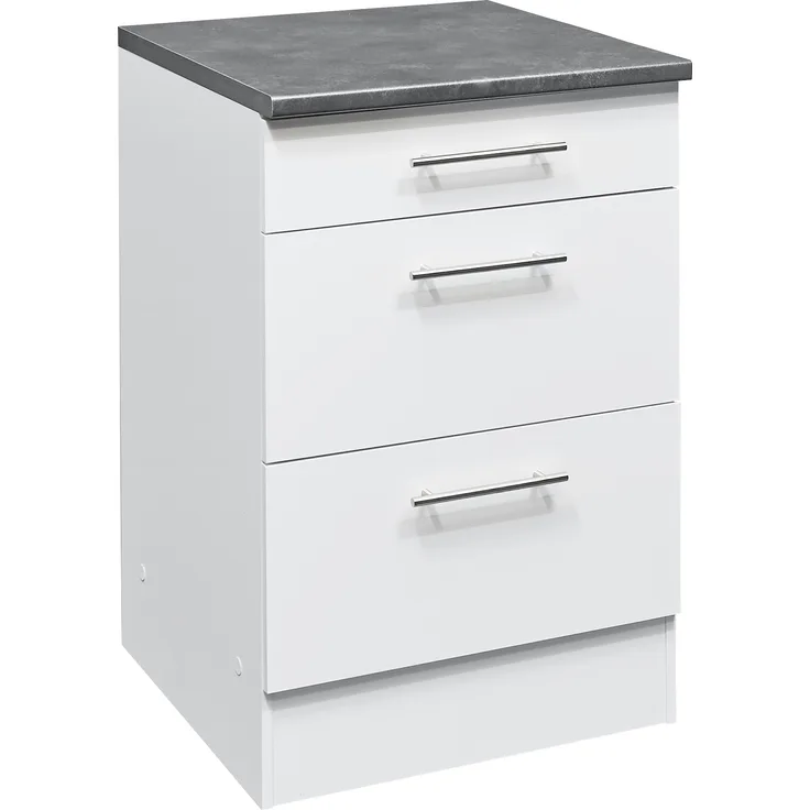 EDDY Moderner Schubladenschrank Küche in Weiß matt, Metallic Grau - Geräumiger Küchenunterschrank mit viel Stauraum - 60 x 90 x 60 cm (B/H/T)