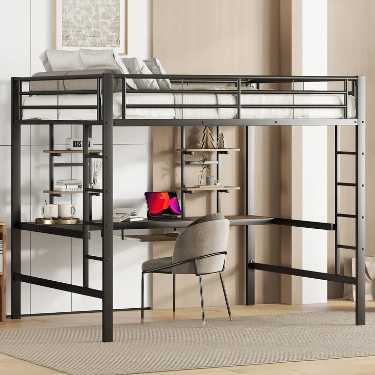 EINHOM Bettgestell Metallbett, Eisenbett, Hochbett mit Schreibtisch und Zwei Bücherregalen für Kinder, Jugendliche und Erwachsene, 140 x 200 cm, Schwarz (Ohne Matratze) – Bild 3