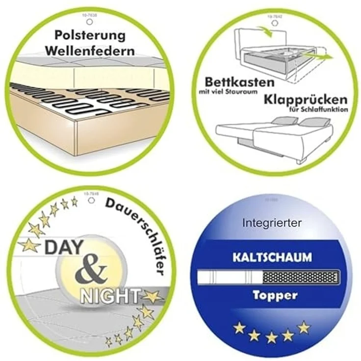 Dauer-Schlafsofa 202 cm Couch mit Topper Bettkasten Wellenunterfederung in Braun – Bild 4