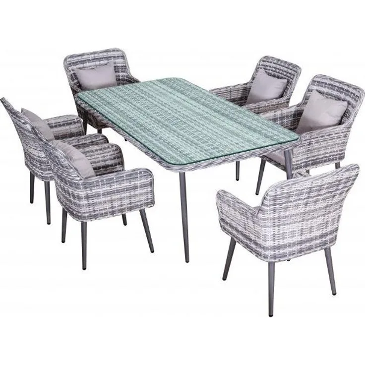 Jet-Line Essgruppe Quito, 7-tlg, 1 Tisch (inklusive Glasplatte), 6 Stühle, Kissen, Aluminium (Gestell), Polyrattan (Sitzfläche), grau (2823)