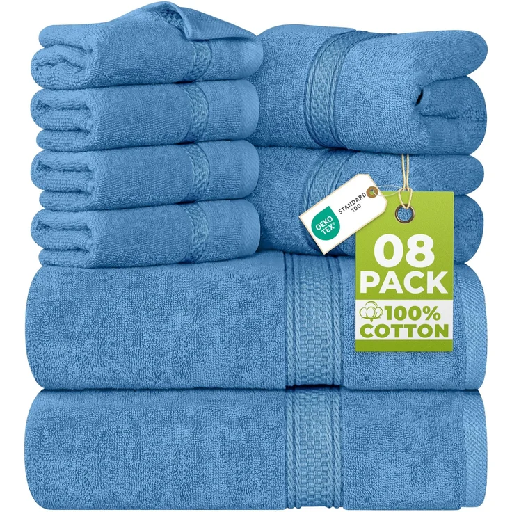 Utopia Towels 8 teilig Handtücher Set aus Baumwolle, Elektrisch Blau | 100% Baumwolle, mit Aufhänger, 2 Badetuch, 2 Handtücher, 4 Washclappen