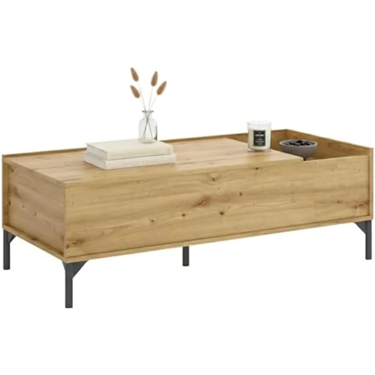 Dmora - Cuna-Couchtisch, Wohnzimmer-Zeitungsständer mit Ablagefach, niedriger hochklappbarer Couchtisch, 99 x 60 x 41 cm, Nodi-Eiche – Bild 2