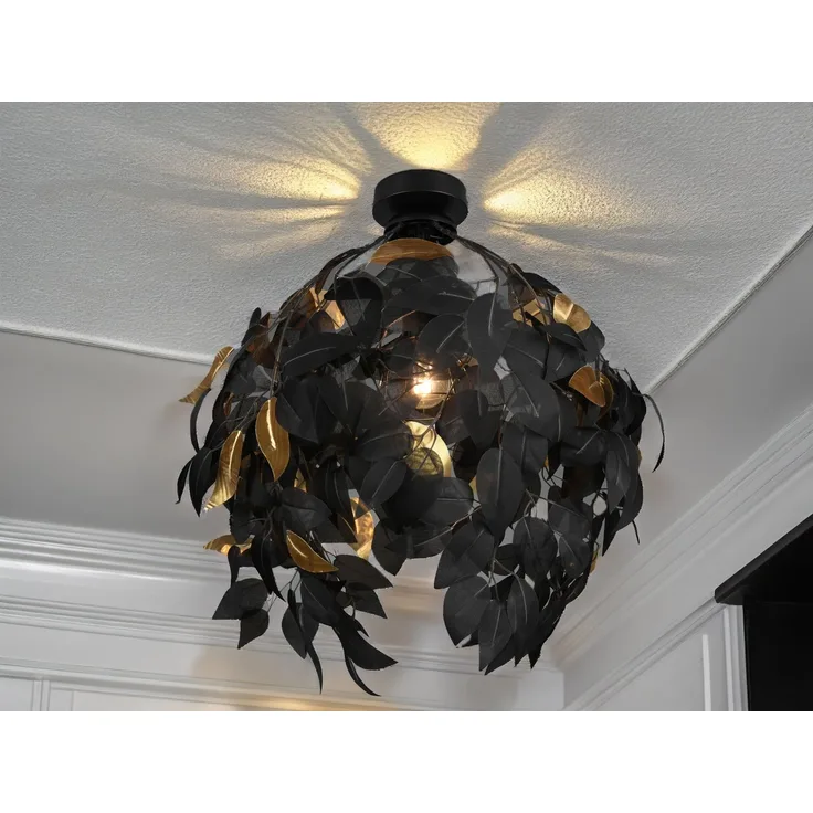 Deckenleuchte, Blattdesign, Metall, schwarz, gold, H 58 cm