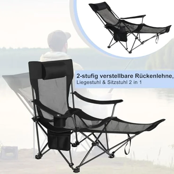 eSituro Campingstuhl klappbar, Angelstuhl faltbar, Klappstuhl mit Abnehmbarer Fußablage Getränkehalter Tragetasche, Strandstuhl mit Verstellbarer Rückenlehne, Campingliege Schwarz – Bild 8